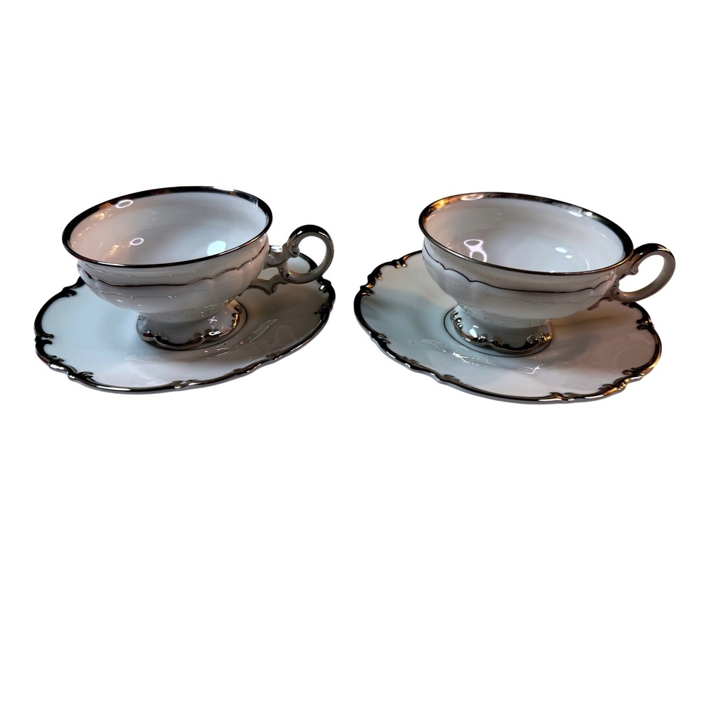 Vintage Porcelain‎ Tea Cup Saucer Set 2 Platinum Trim Scalloped Edge Bavaria MCM